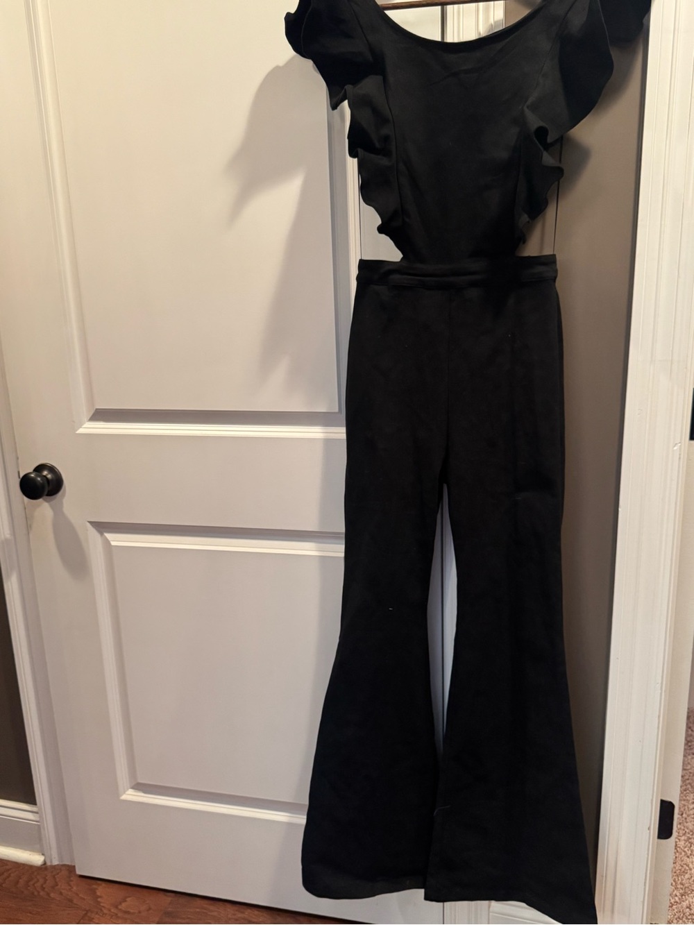 Black Ruffle-Shoulder Wide-Leg Jumpsuit